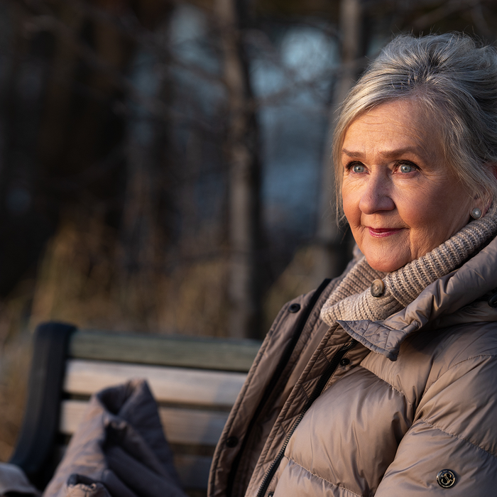 vanhempi nainen istuu ulkona penkillä