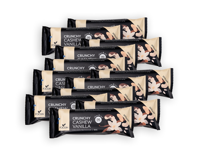 Crunchy Collagen Protein Bar, Cashew Vanilla, proteiinipatukka, Foodin, 50 g, 12 kpl