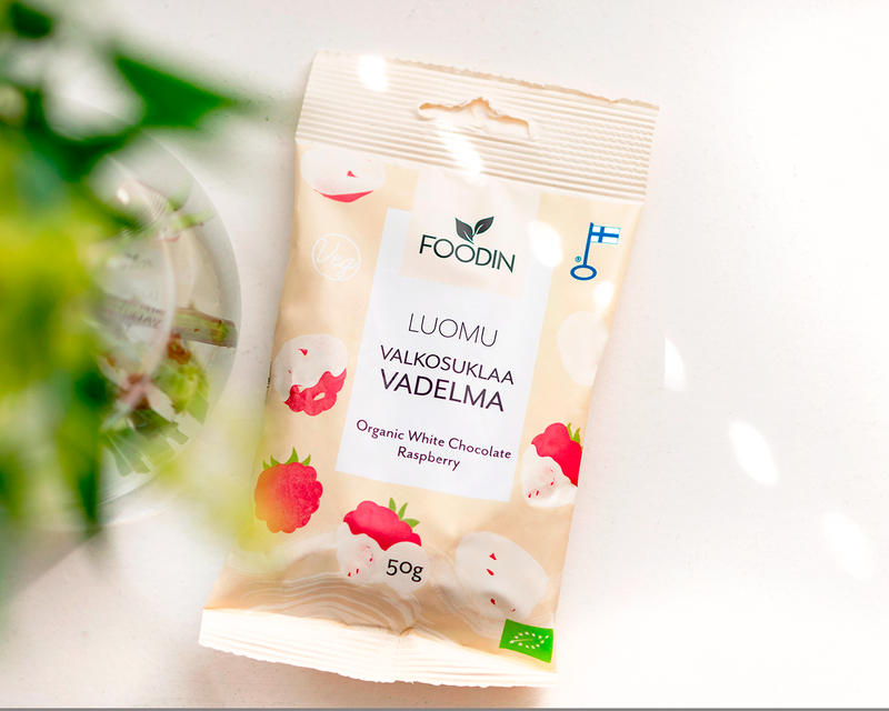 Valkosuklaavadelma, luomu, Foodin, 50 g