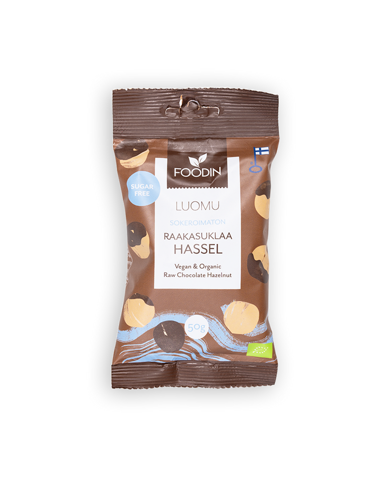 Raakasuklaahasselpähkinä, sokeroimaton, luomu, Foodin, 50 g